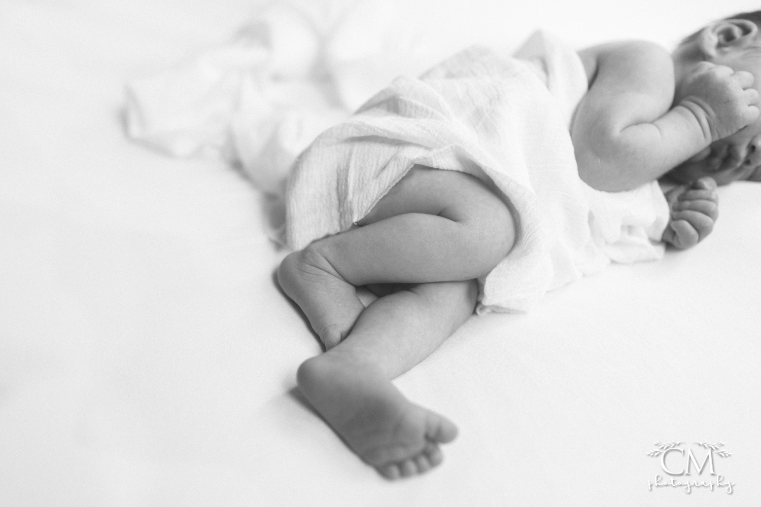 black and white newborn draped in fabric