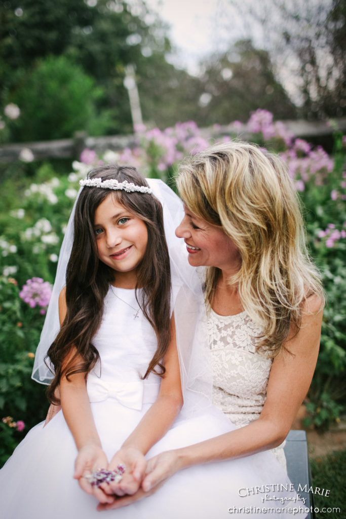 little girl with mom for first holy communion portrait 