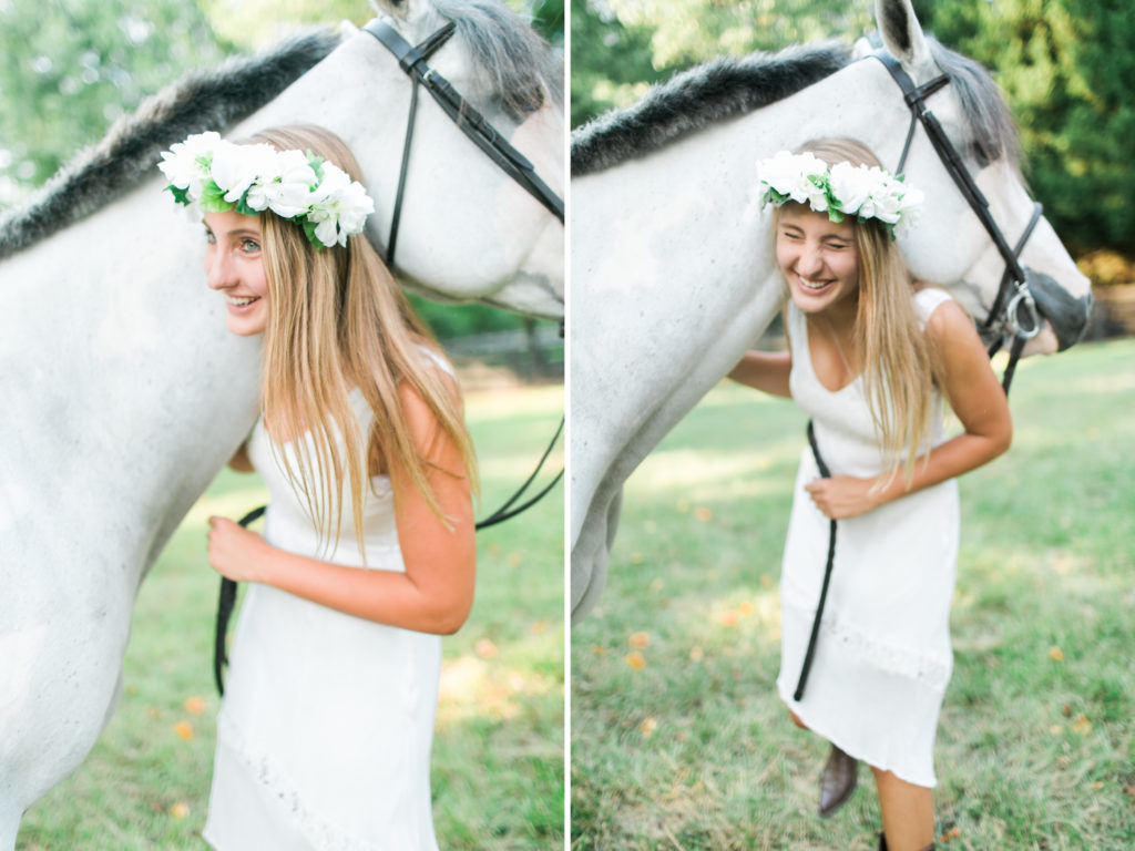 girl with flower crown and white horse