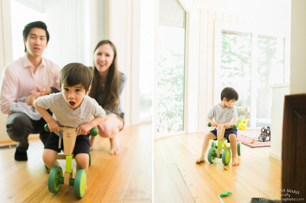 toddler boy playing on bike lifestyle family photo session