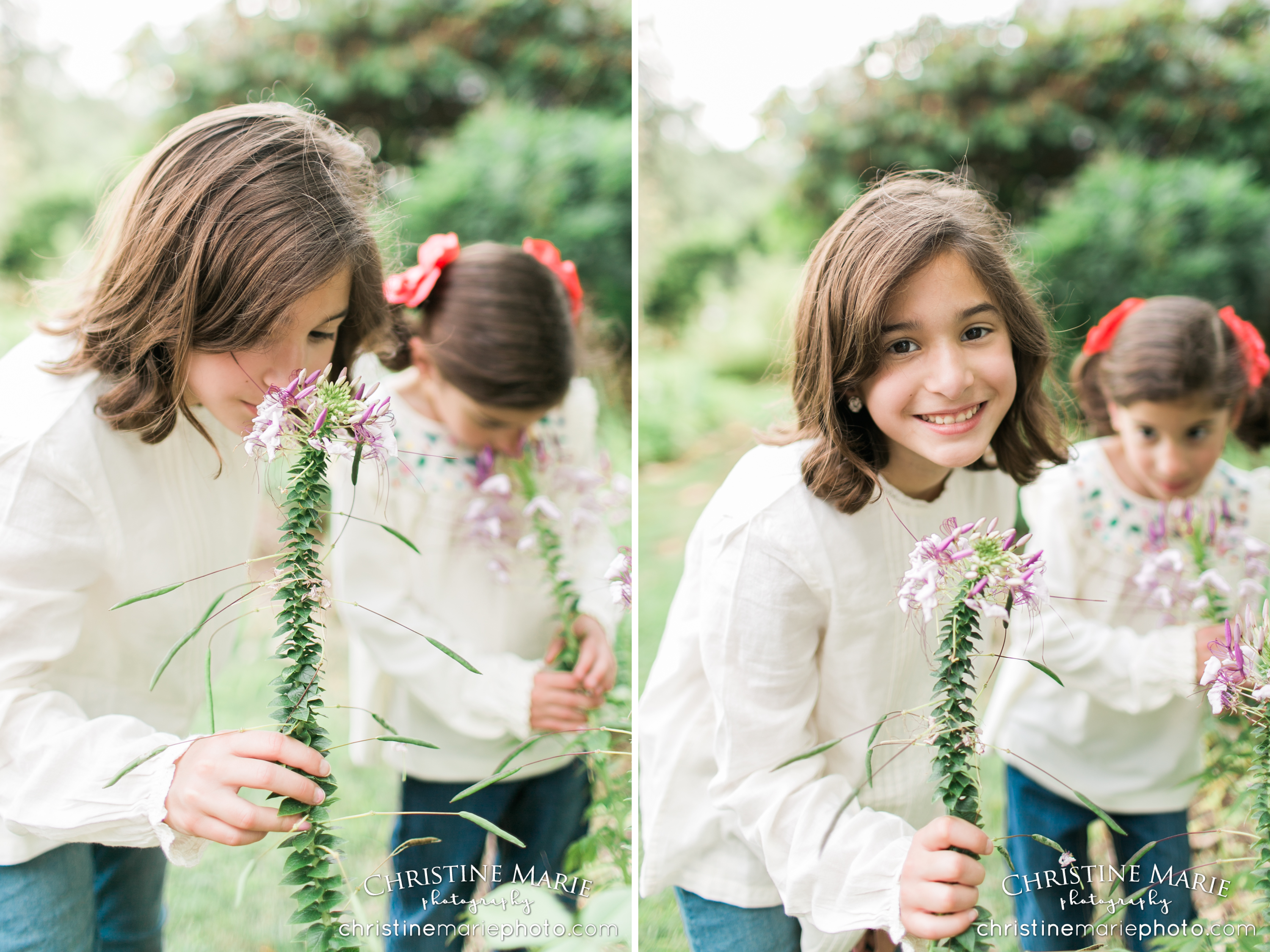 sweet sisters smelling flowers