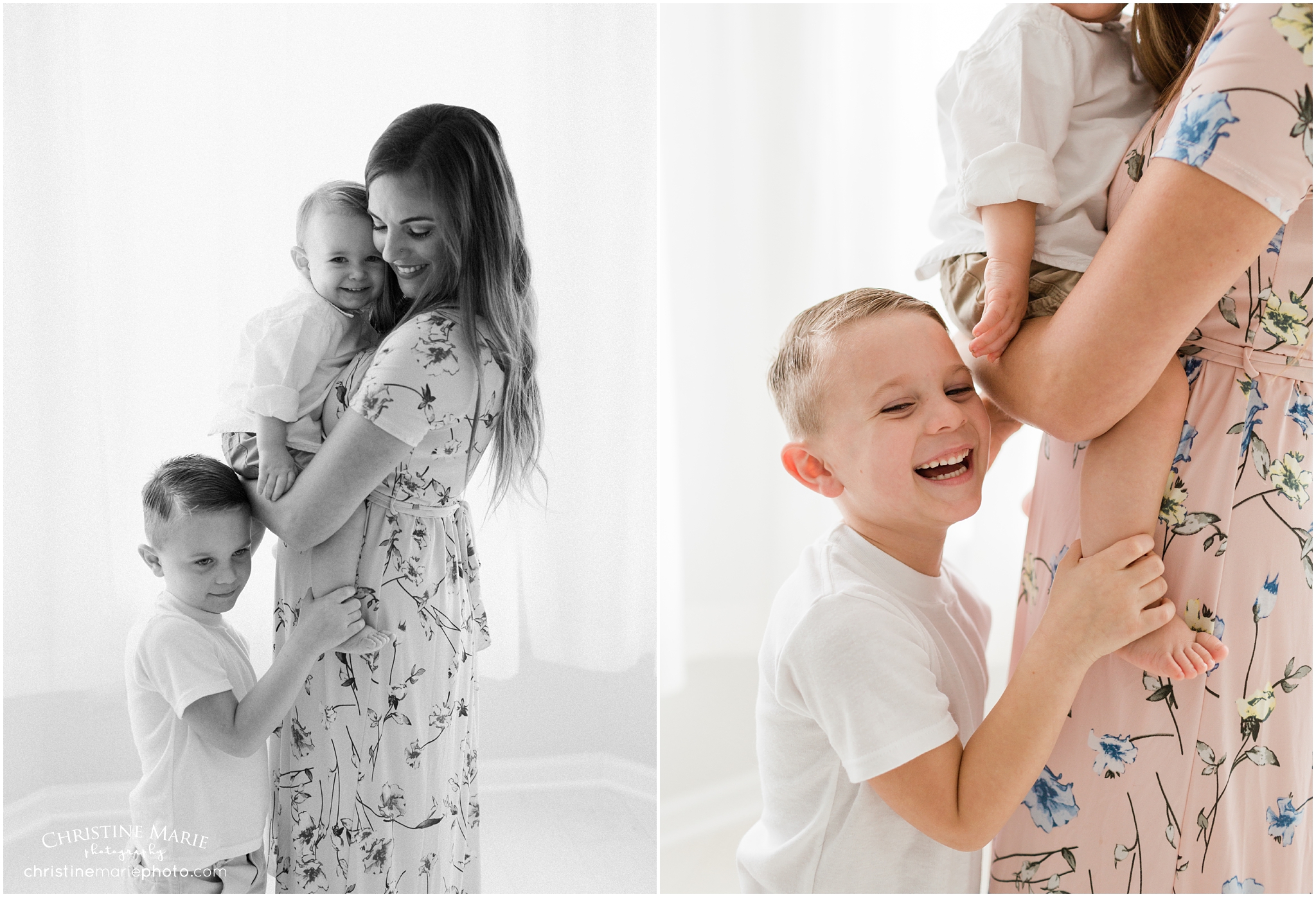 natural light studio photos, mother and sons
