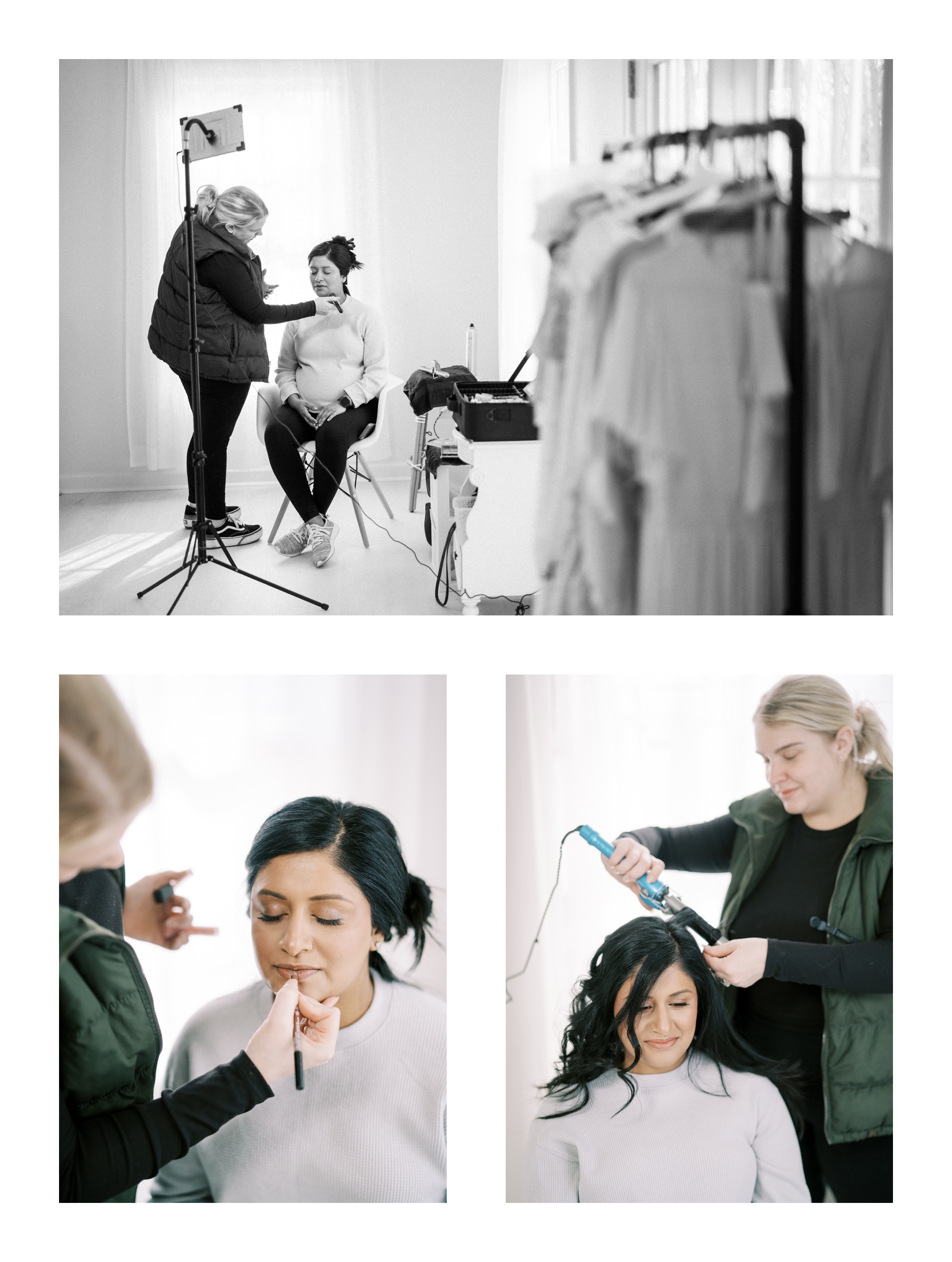 Pregnant woman getting her hair and makeup done at Christine Marie Photography in Cumming GA