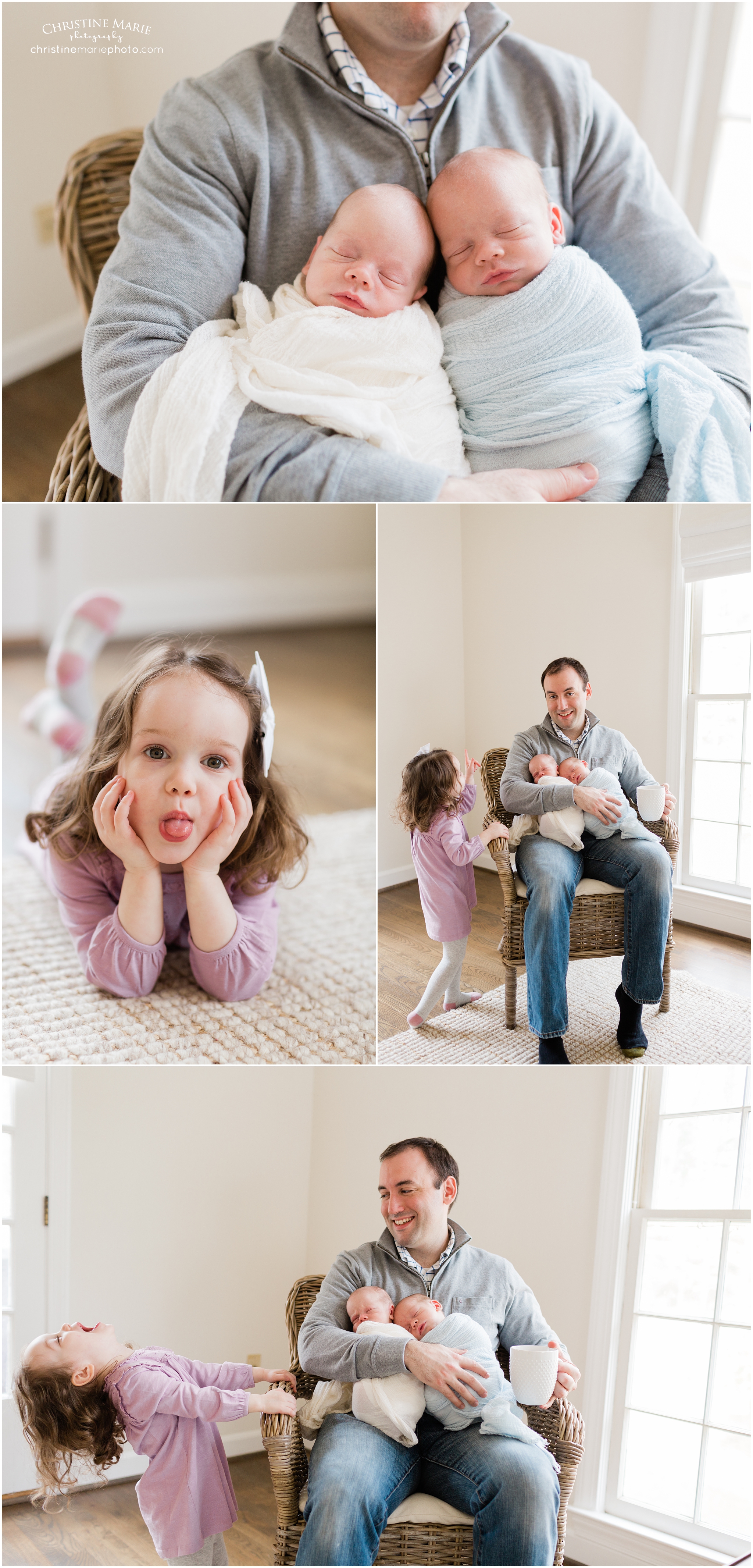 dad with twin babies and a toddler, christine marie photography
