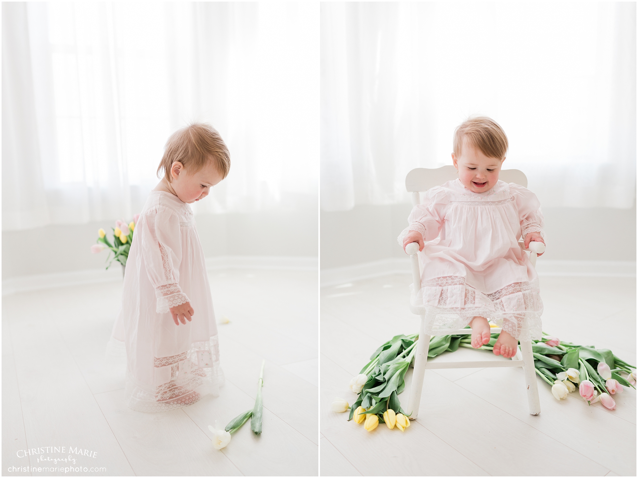 happy little girl playing with flowers