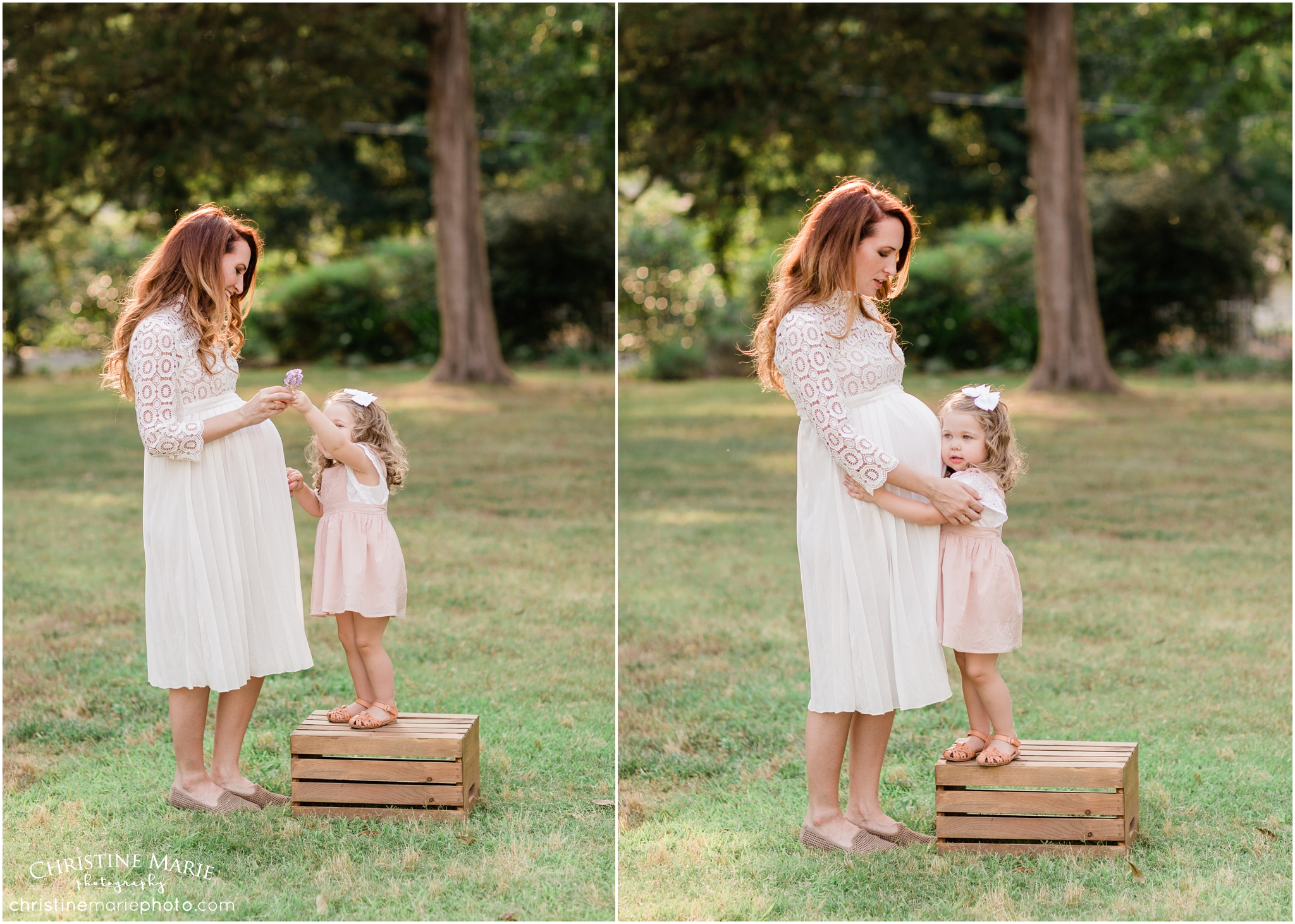 pregnant mom and little girl handing her flower