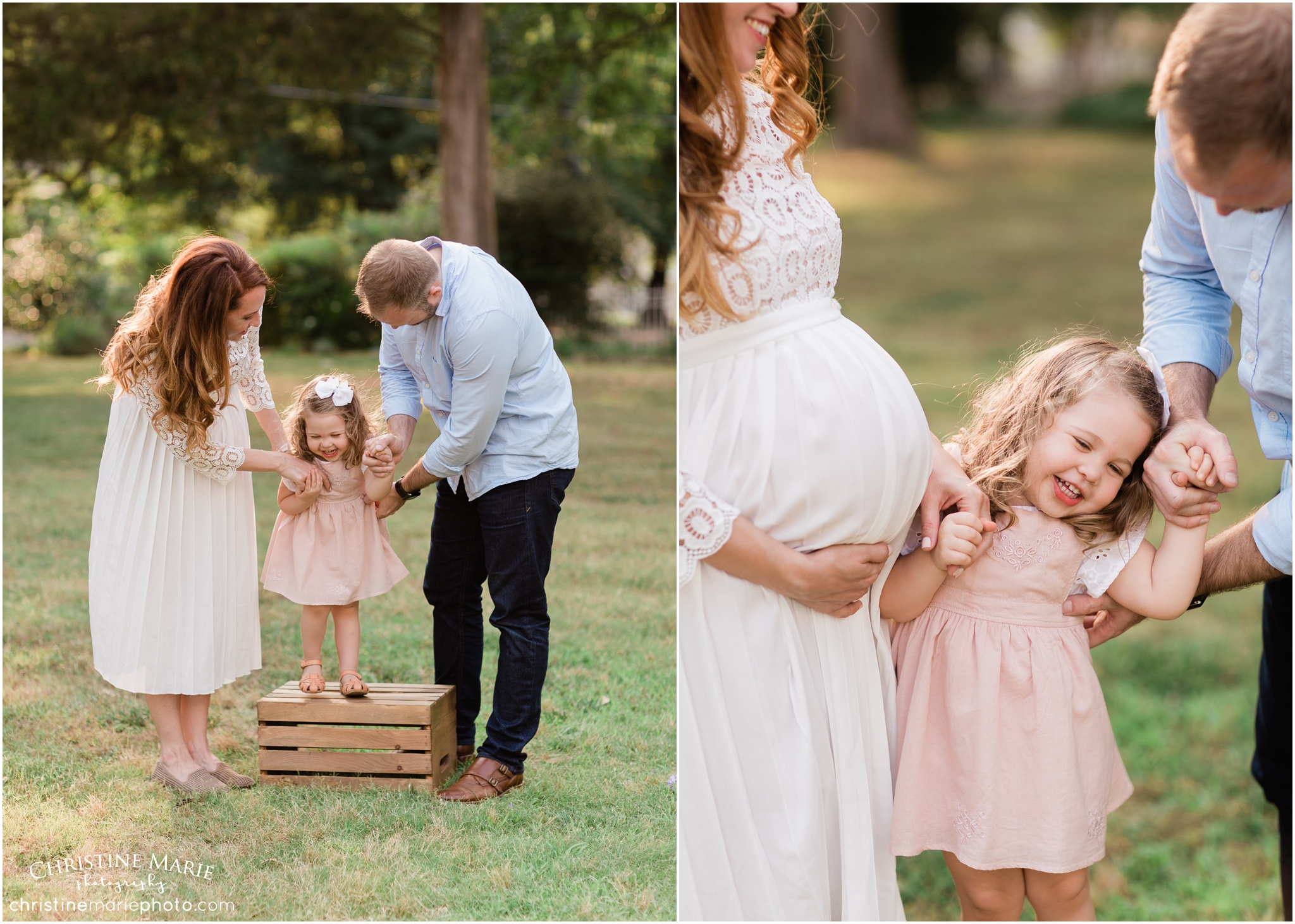 playful family photo with pregnant mom