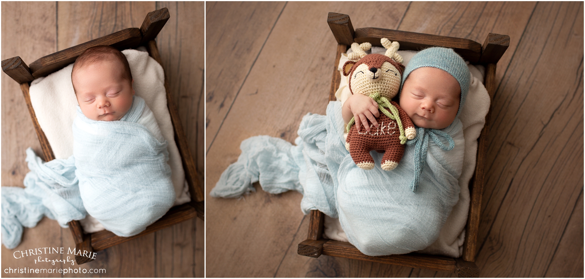 newborn baby boy in wooden bed prop