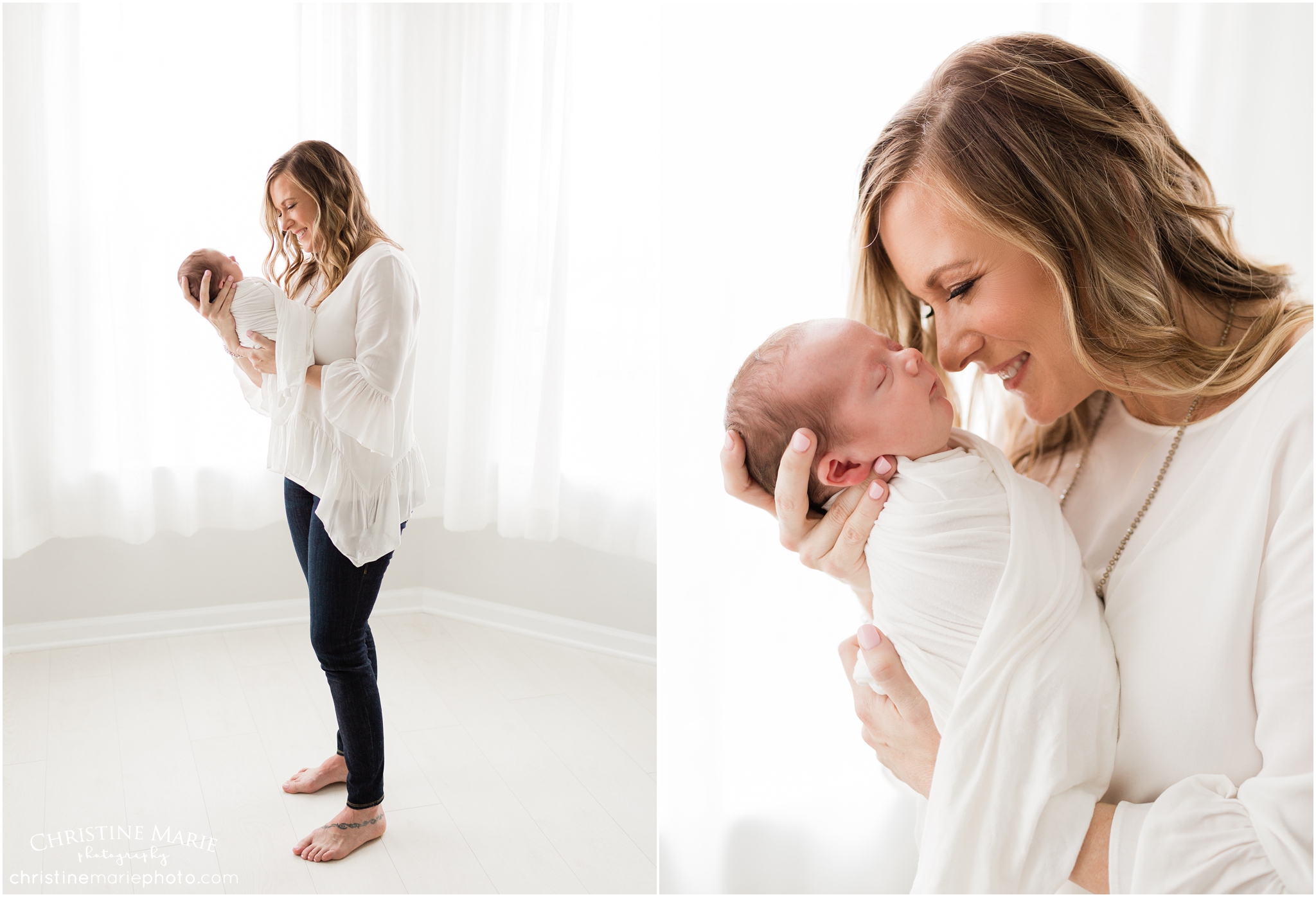 light filled image of happy mom holding newborn