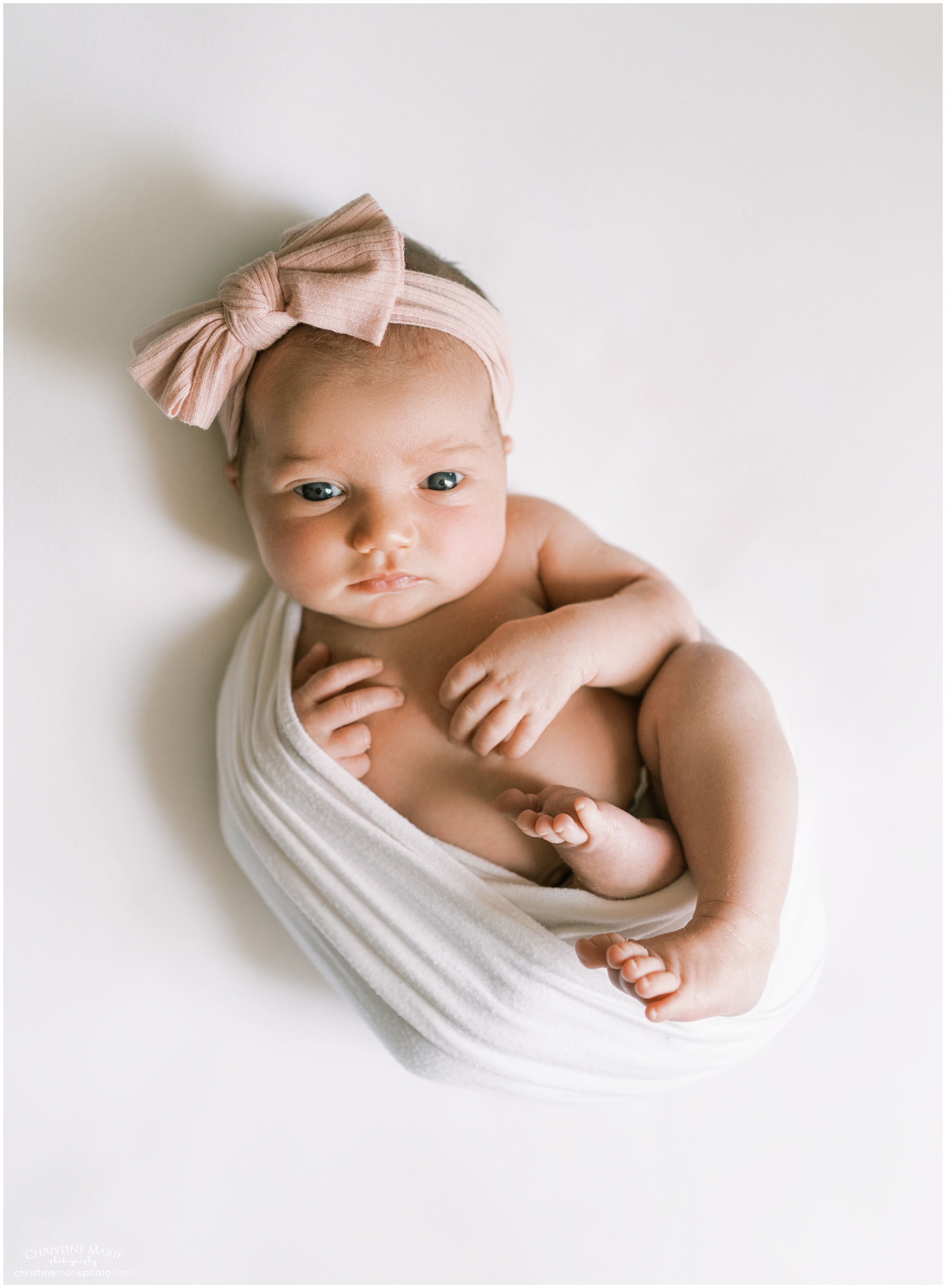 brand new baby girl with big pink pow on white backdrop