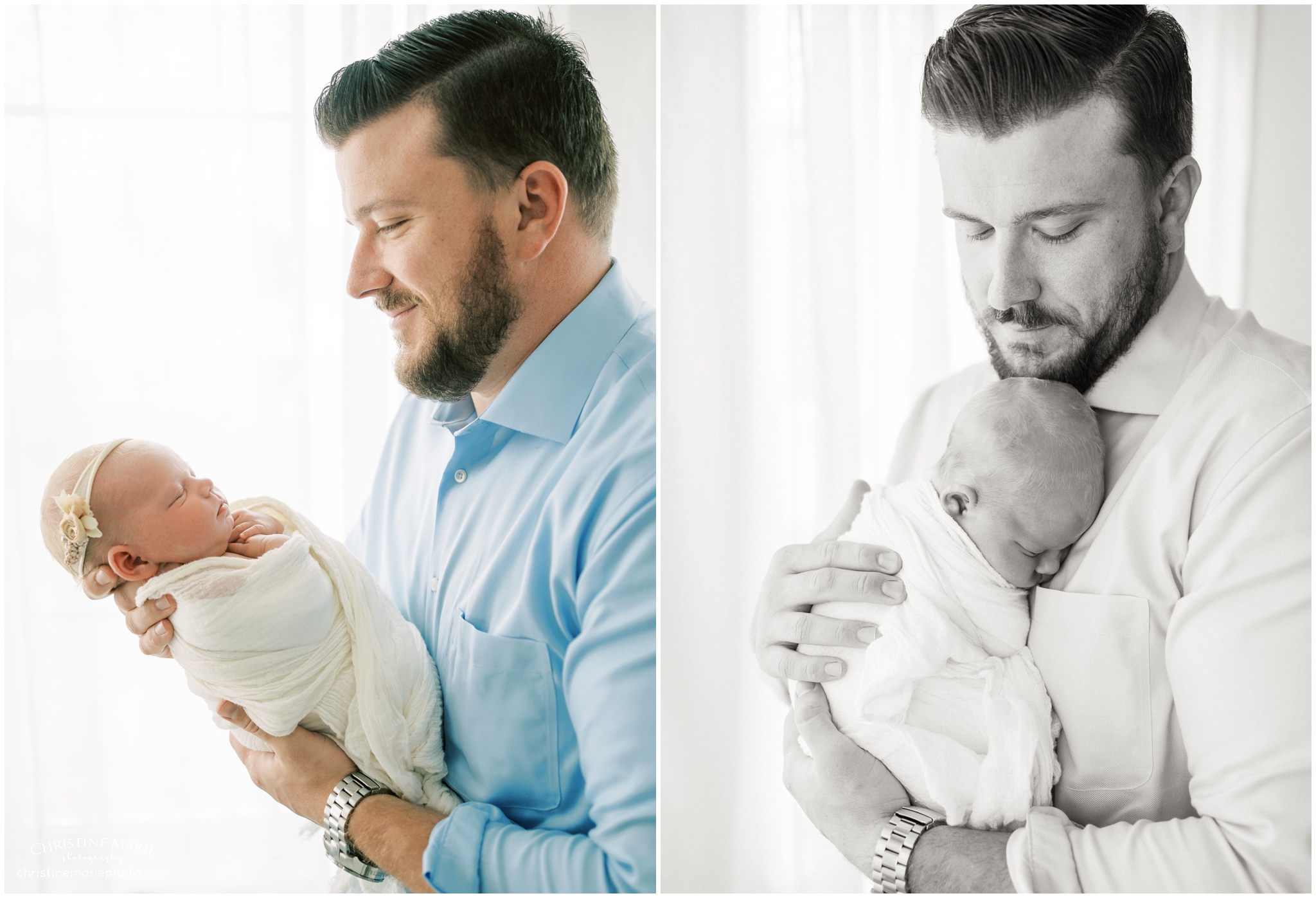 baby girl in daddy's arm in atlanta newborn photo studio