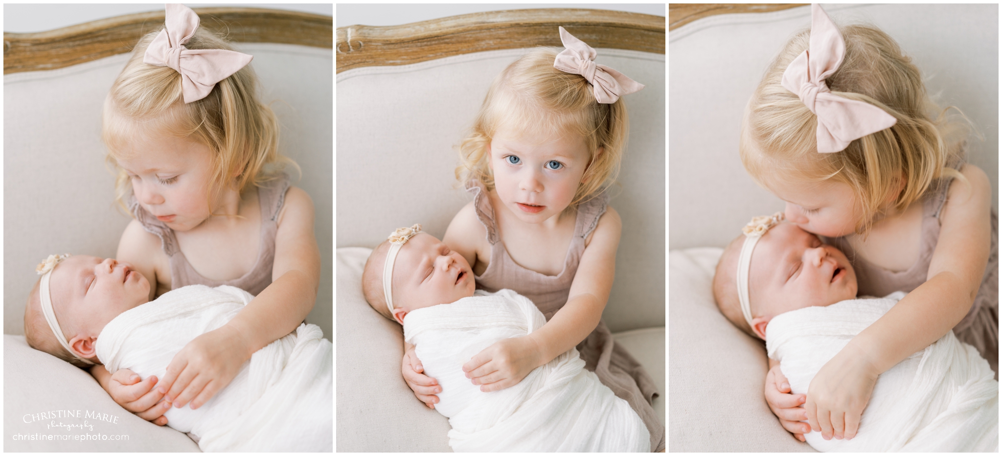 sibling photo with newborn in natural light photography studio