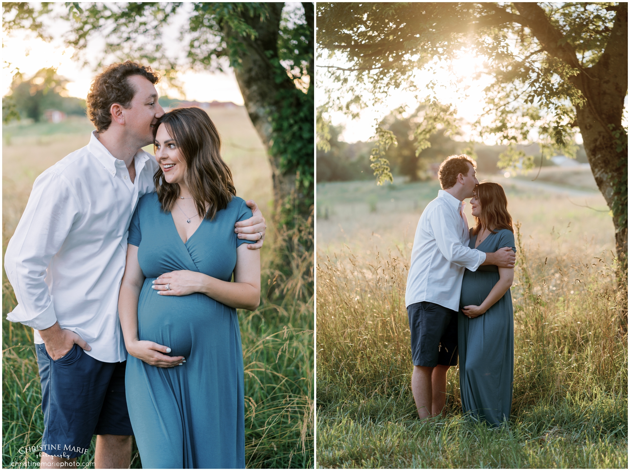 husband and wife at sunset maternity photos 
