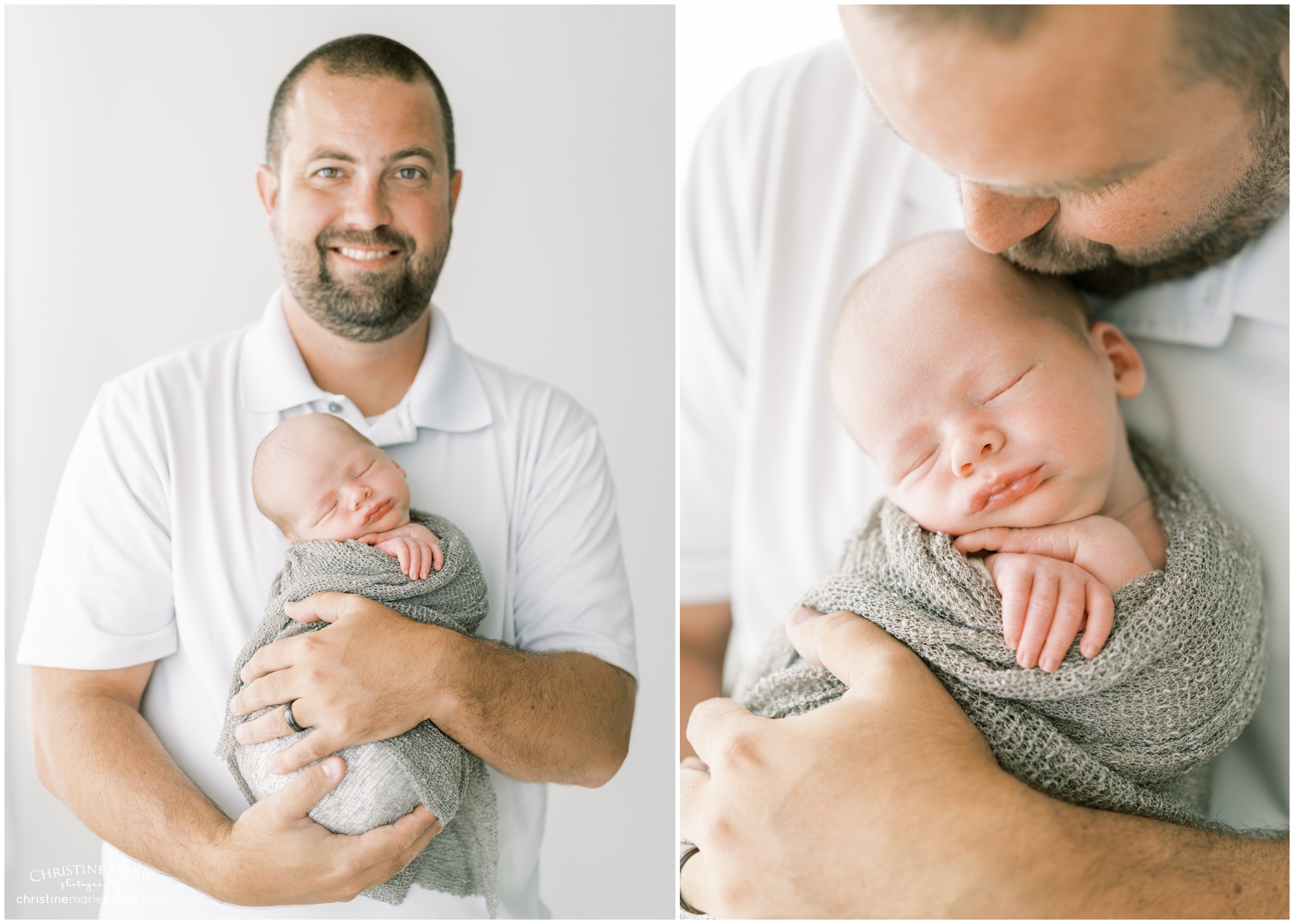 Photo of father holding newborn boy in Cumming GA photography studio