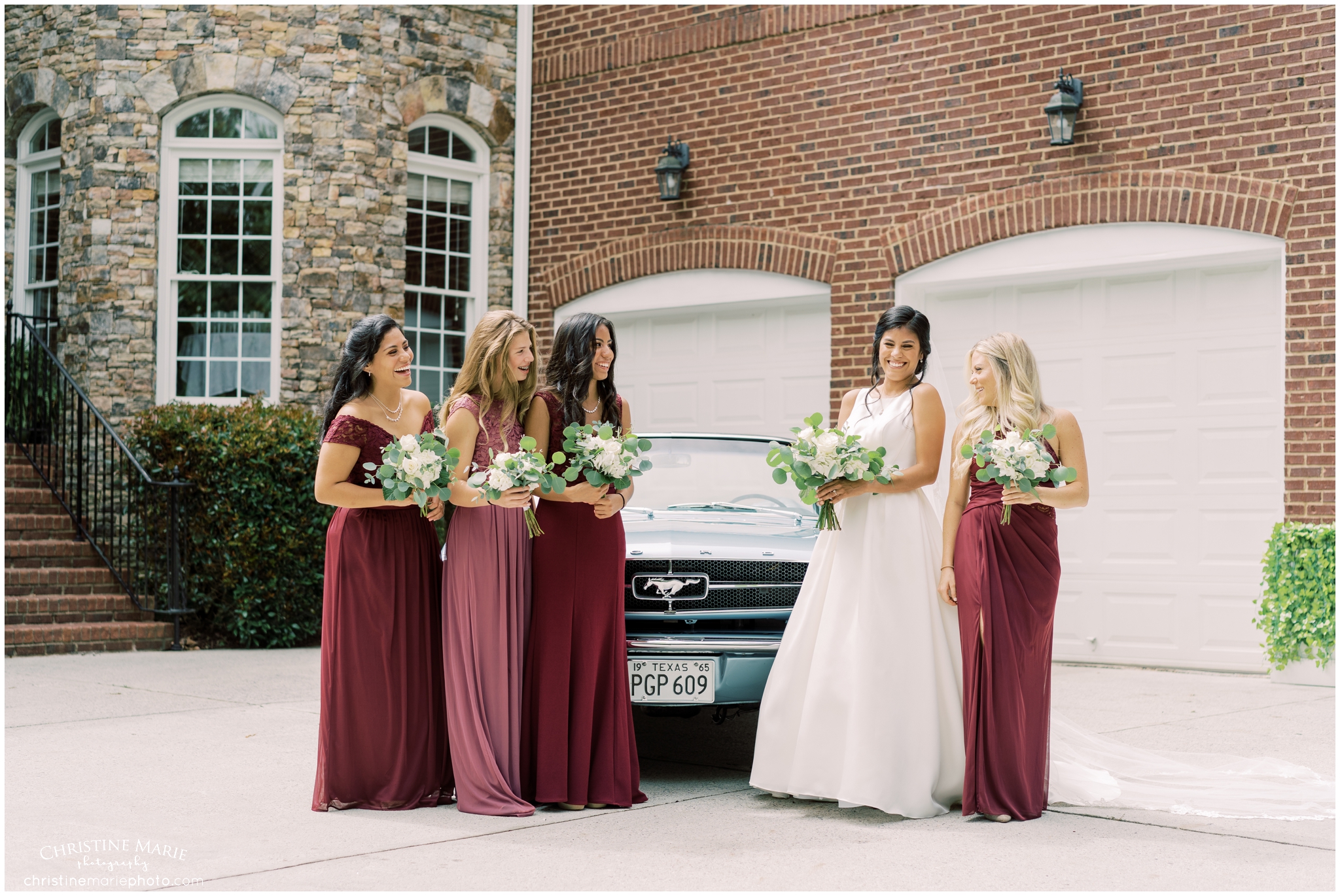 bridesmaids in front of blue mustang in cumming ga