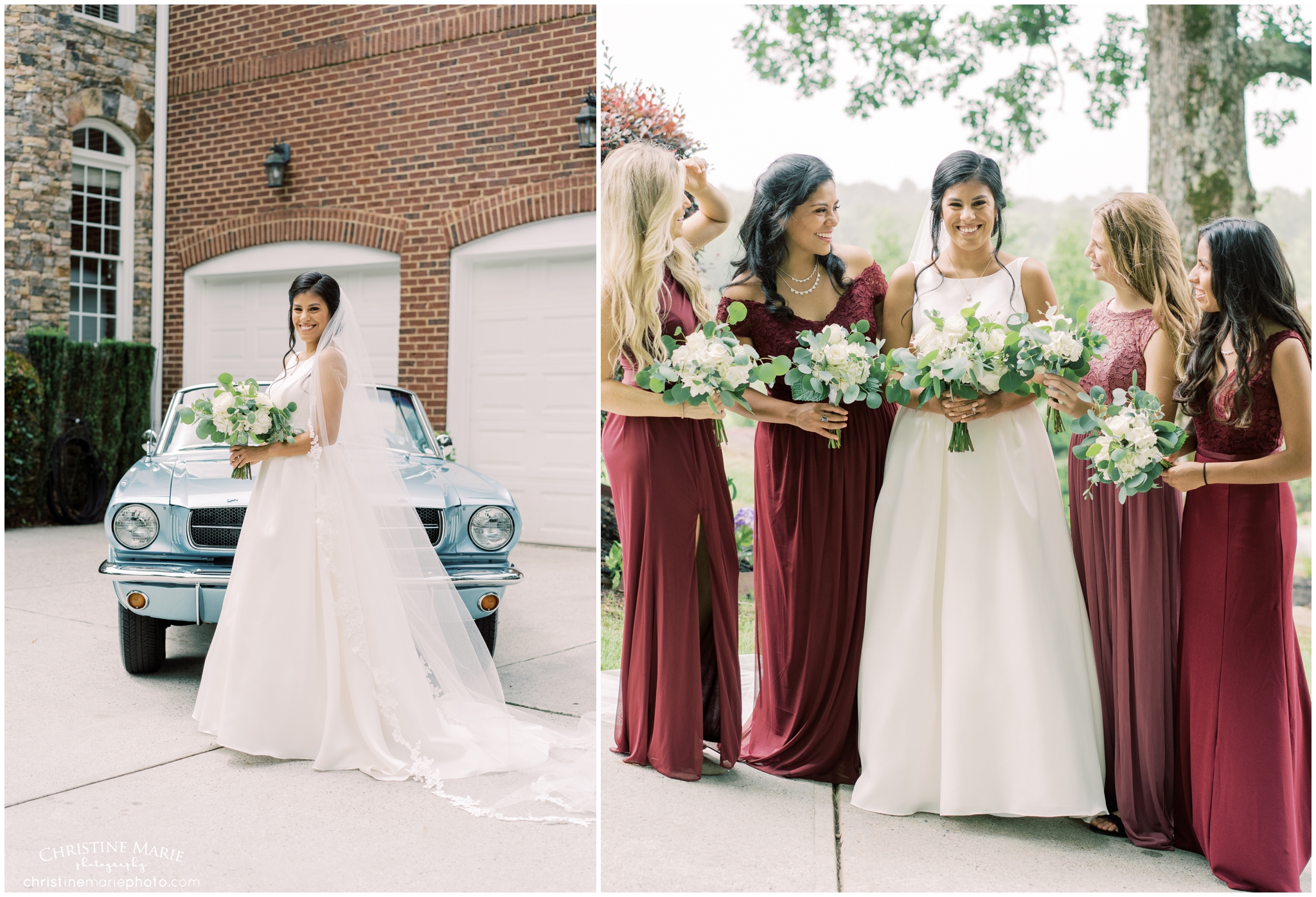 bride in front of blue mustang in cumming ga