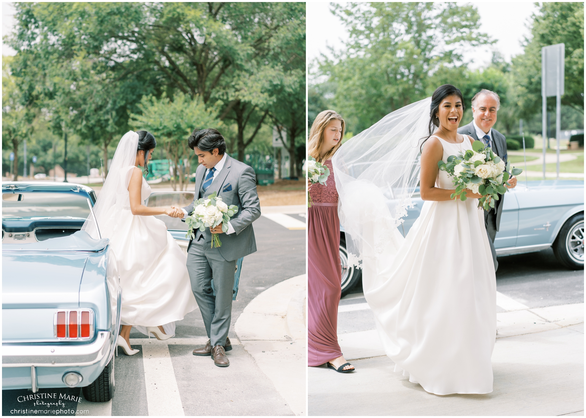 bride arrives at church in blue mustang in cumming ga 