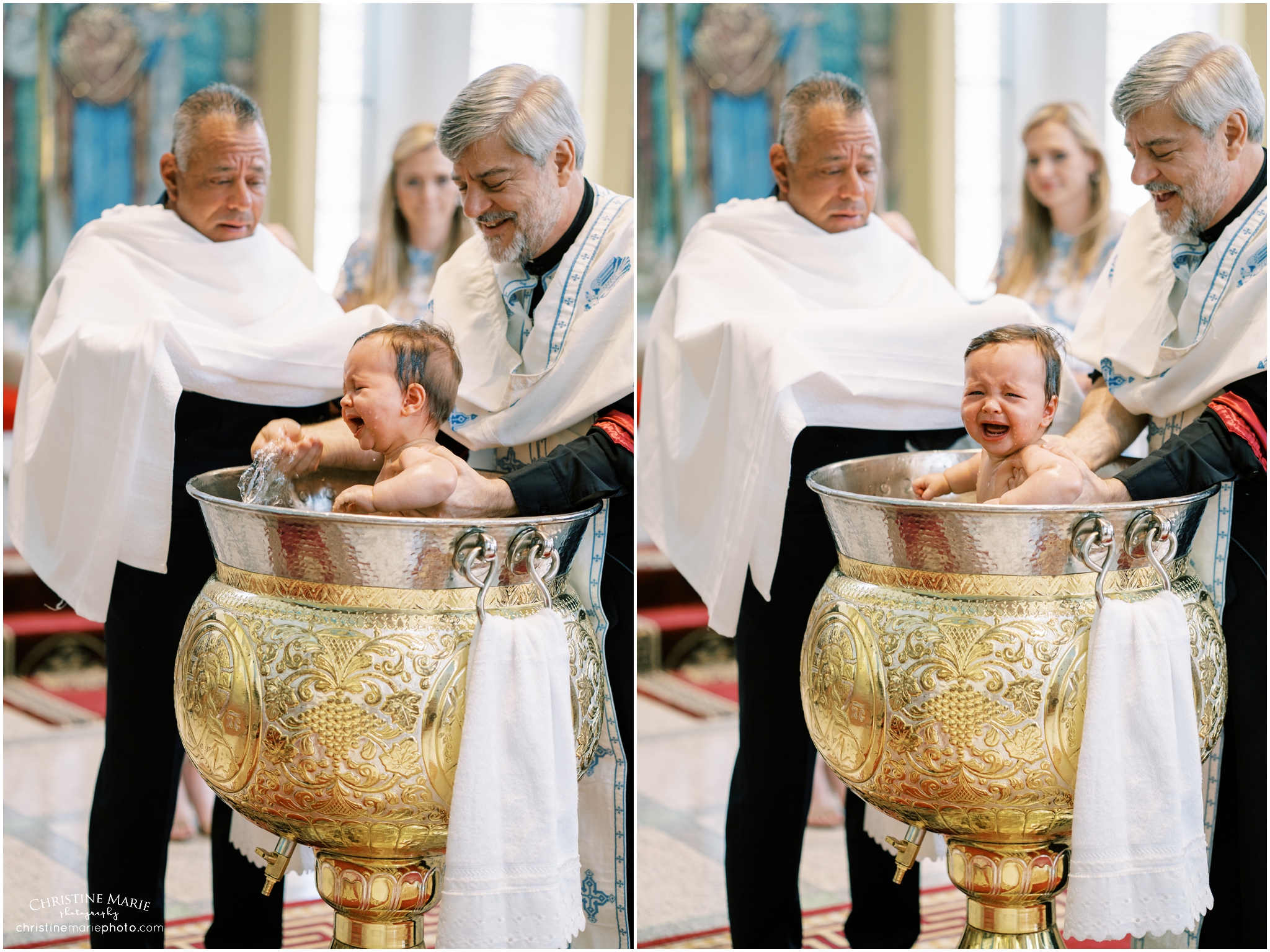 Baby boy crying as he is baptized in Greek Orthodox Ceremony in Atlanta