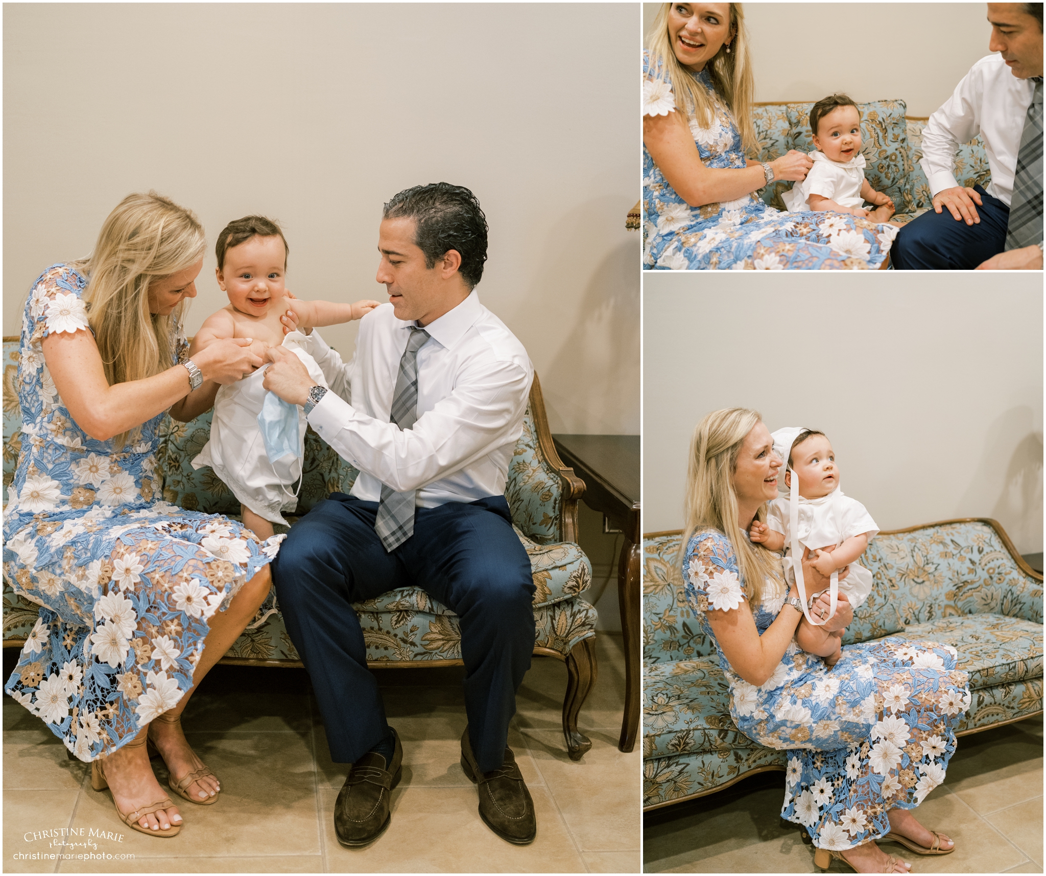 mom and dad getting baby ready for baptism in Atlanta