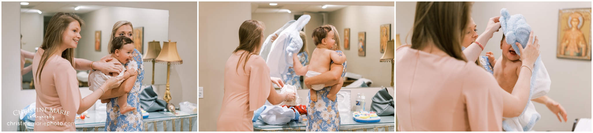 baby boy getting dressed for Greek Orthodox Baptism 