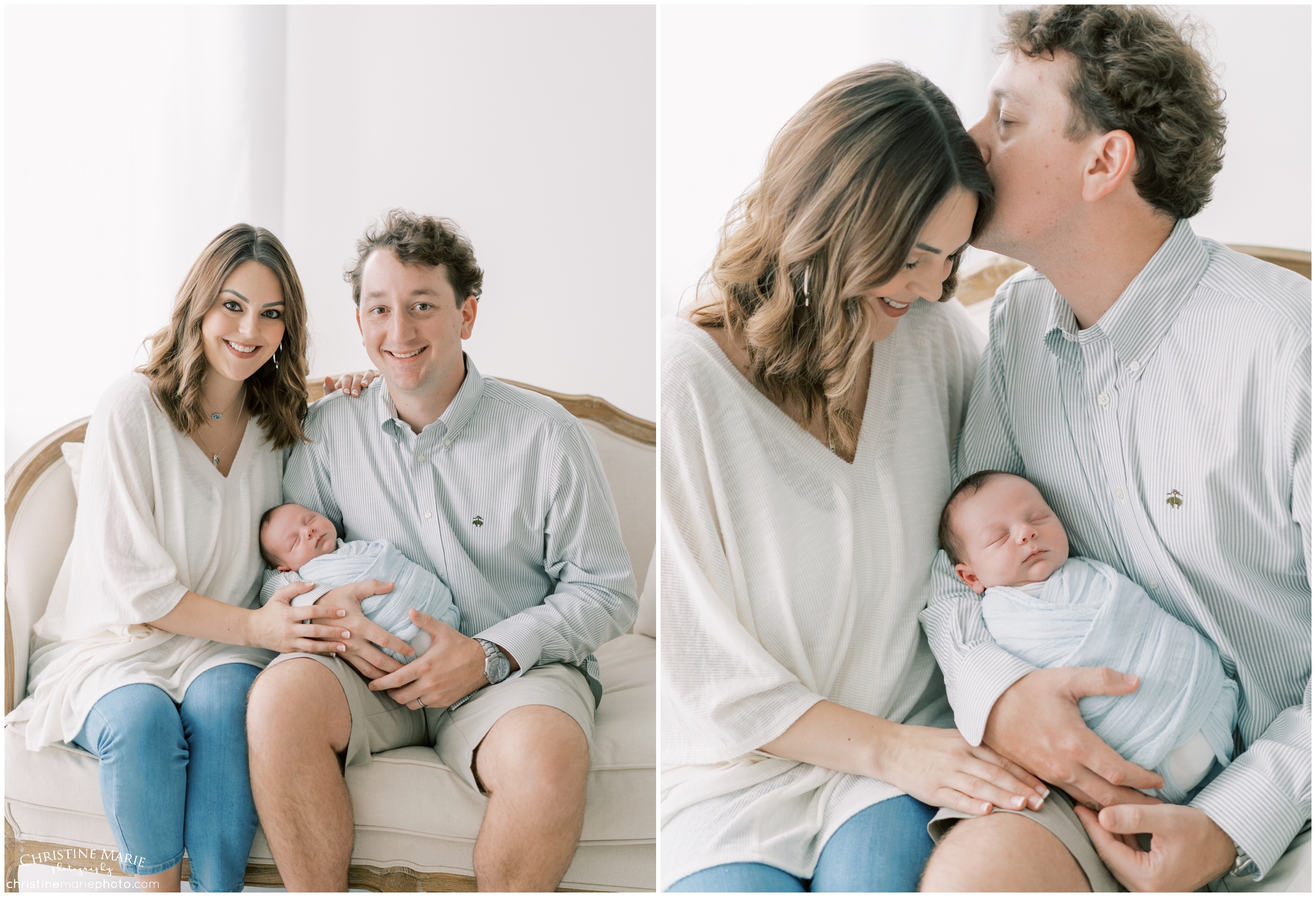 mom and dad holding baby boy in cumming newborn photography studio